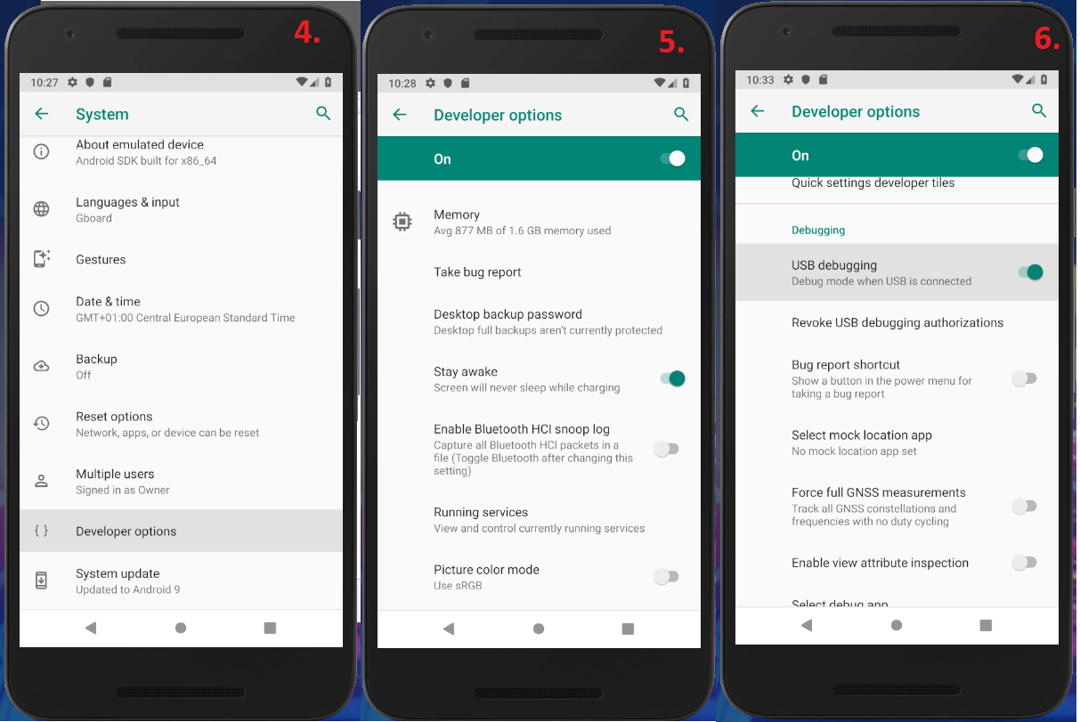 Steps to enable developer options: 4, 5, 6
